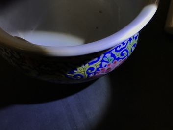 Two Chinese famille rose and grisaille bowls and an incense burner, Yongzheng and later