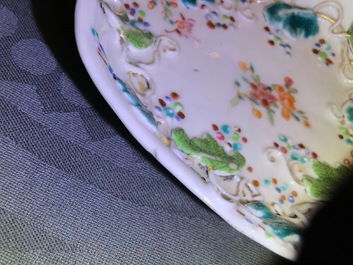 Two Chinese famille rose tea caddies and a relief-decorated cup and saucer, Yongzheng/Qianlong