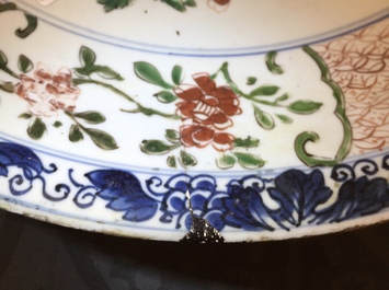 A Chinese famille verte dish, a mandarin bowl, two teapots and three cups, Kangxi and later