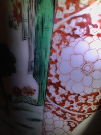 A pair of Chinese famille verte rouleau vases, Qianlong mark, 19th C.