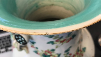 Two Chinese famille rose vases and a large deep bowl, 19th C.