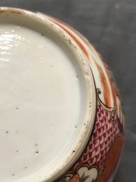 A Chinese iron red and gilt rosewater sprinkler and a mandarin design teapot, Kangxi and Qianlong