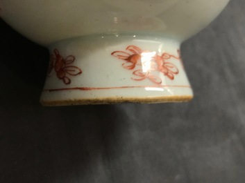 A Chinese iron red and gilt rosewater sprinkler and a mandarin design teapot, Kangxi and Qianlong