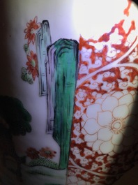 A pair of Chinese famille verte rouleau vases, Qianlong mark, 19th C.