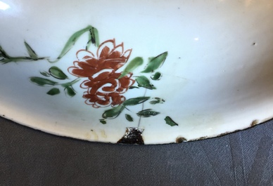 A Chinese famille verte dish, a mandarin bowl, two teapots and three cups, Kangxi and later