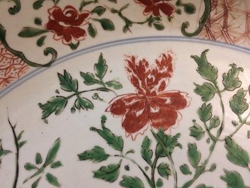 A Chinese famille verte dish, a mandarin bowl, two teapots and three cups, Kangxi and later