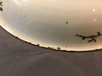 A Chinese famille verte dish, a mandarin bowl, two teapots and three cups, Kangxi and later