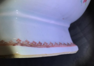 A Chinese monogrammed famille rose tureen and cover on stand, Qianlong