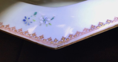 A Chinese monogrammed famille rose tureen and cover on stand, Qianlong