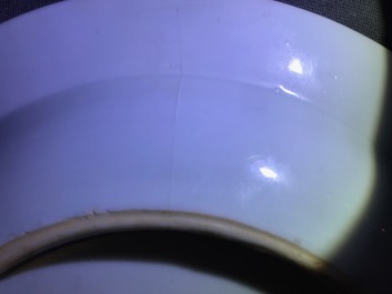 Two Chinese famille verte and rose plates, Kangxi and Yongzheng