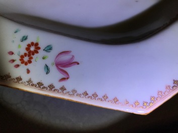 A Chinese monogrammed famille rose tureen and cover on stand, Qianlong