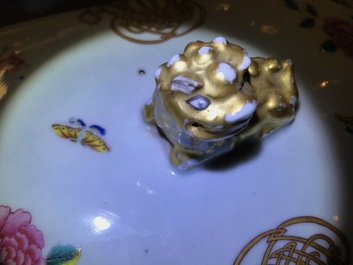 A Chinese monogrammed famille rose tureen and cover on stand, Qianlong