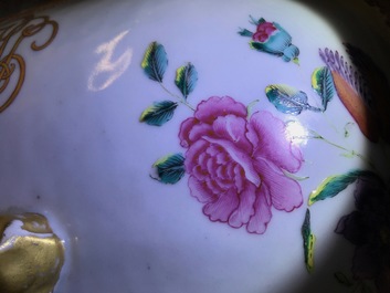 A Chinese monogrammed famille rose tureen and cover on stand, Qianlong