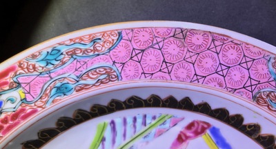 Two Chinese famille verte and rose plates, Kangxi and Yongzheng