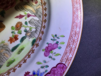 Five Chinese famille rose 'double peacock' plates, Qianlong