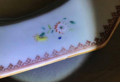 A Chinese monogrammed famille rose tureen and cover on stand, Qianlong