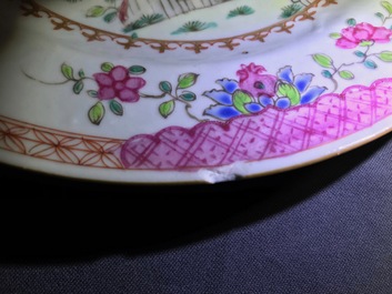 Five Chinese famille rose 'double peacock' plates, Qianlong