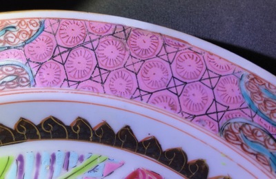 Two Chinese famille verte and rose plates, Kangxi and Yongzheng