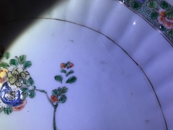 Two Chinese famille verte and rose plates, Kangxi and Yongzheng
