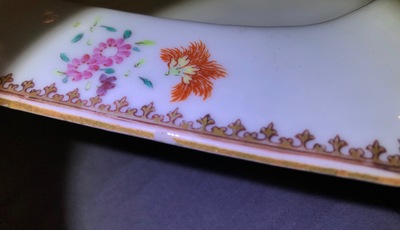 A Chinese monogrammed famille rose tureen and cover on stand, Qianlong