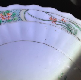 Two Chinese famille verte and rose plates, Kangxi and Yongzheng