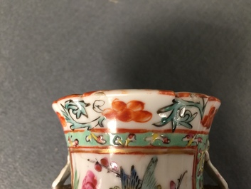 A pair of Chinese famille rose turquoise-ground vases, 19th C.