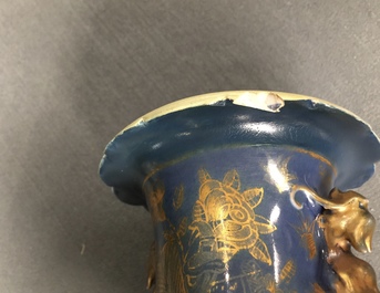 Three Chinese famille verte on gilt blue-ground vases, 19th C.