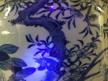 A large Chinese blue and white vase with a lady and calligraphy, 19th C.