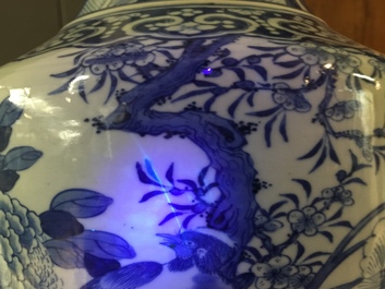 A large Chinese blue and white vase with a lady and calligraphy, 19th C.