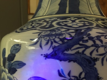 A large Chinese blue and white vase with a lady and calligraphy, 19th C.