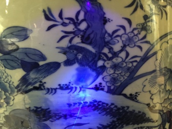 A large Chinese blue and white vase with a lady and calligraphy, 19th C.