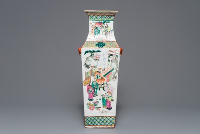 A square Chinese famille rose vase with figures, 19th C.