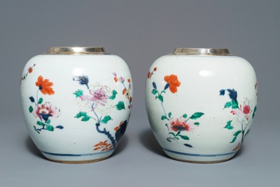 A pair of silver-mounted Chinese rose-Imari jars with floral design, Qianlong