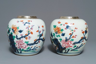 A pair of silver-mounted Chinese rose-Imari jars with floral design, Qianlong