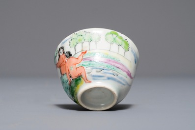 A Dutch-decorated Chinese export 'Adam &amp; Eve' cup and saucer, Yongzheng