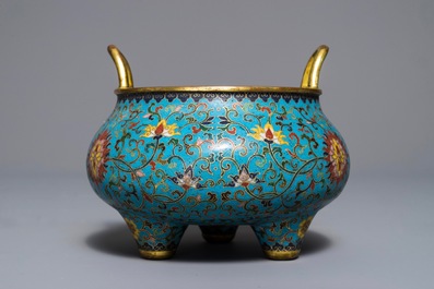 A Chinese cloisonn&eacute; tripod incense burner, Qianlong mark, 18/19th C.
