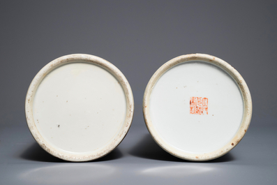 Two Chinese qianjiang cai hat stands and a famille rose bowl, 19/20th C.