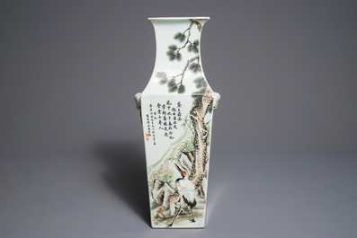 A square Chinese qianjiang cai vase, early 20th C., Jiangxi Porcelain Company mark