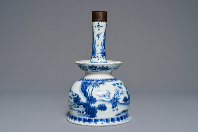A large Chinese bronze-mounted blue and white candlestick, Transitional period