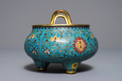 A Chinese cloisonn&eacute; tripod incense burner, Qianlong mark, 18/19th C.