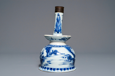A large Chinese bronze-mounted blue and white candlestick, Transitional period