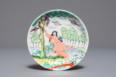 A Dutch-decorated Chinese export 'Adam &amp; Eve' cup and saucer, Yongzheng