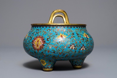 A Chinese cloisonn&eacute; tripod incense burner, Qianlong mark, 18/19th C.