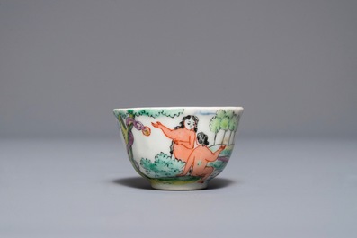 A Dutch-decorated Chinese export 'Adam &amp; Eve' cup and saucer, Yongzheng
