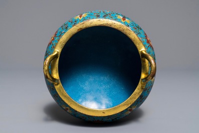 A Chinese cloisonn&eacute; tripod incense burner, Qianlong mark, 18/19th C.