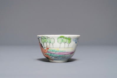 A Dutch-decorated Chinese export 'Adam &amp; Eve' cup and saucer, Yongzheng