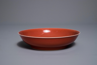 A Chinese copper-red-glazed dish, Qianlong mark, 19/20th C.