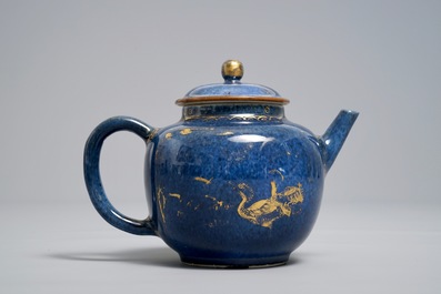 A Chinese powder blue and gilt teapot and cover, Kangxi