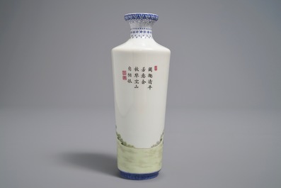 A Chinese famille rose eggshell rouleau vase, Qianlong mark, 20th C.