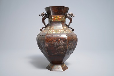 A Japanese bronze and champlev&eacute; vase, impressed mark, 19th C.